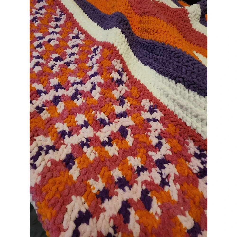 Handmade Crochet Pink Purple Crochet  Blanket  cottag retro, farmhouse, modern